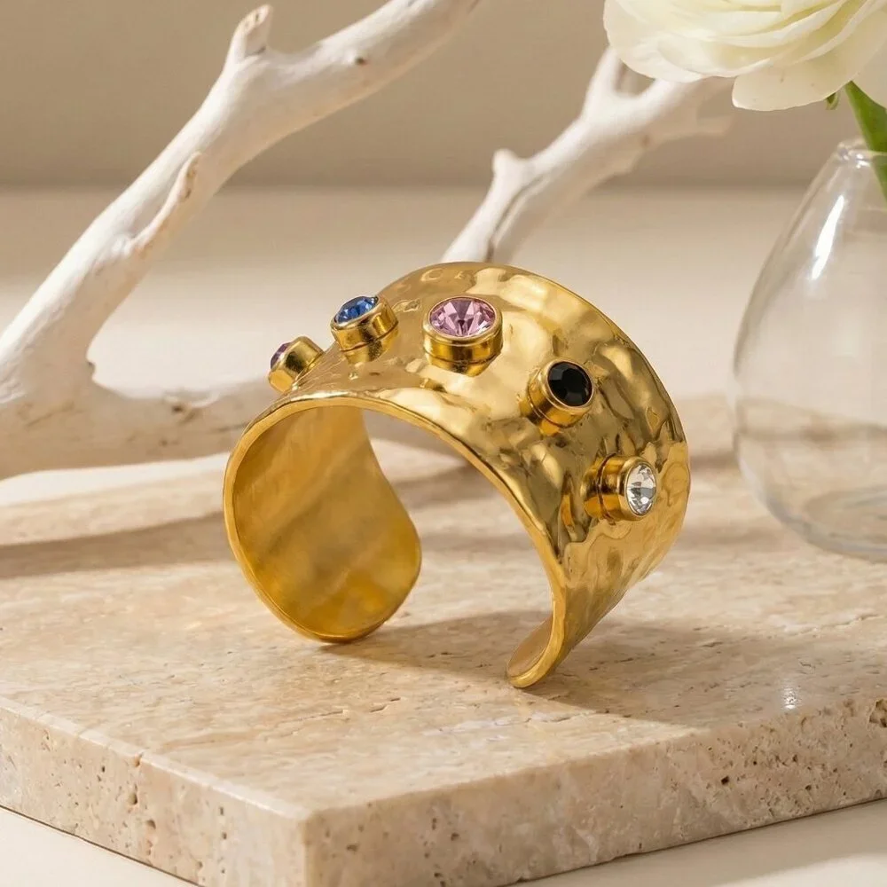 18K Gold Plated Hammered Ring Adjustable Colorful CZ Gemstones Bold Look